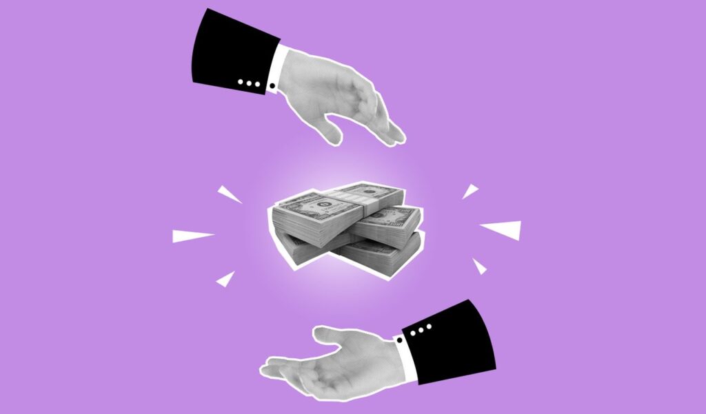 pexels-photo-5849581-5849581 Decorative cardboard appliques representing piles of banknotes between hands of business partners on violet background